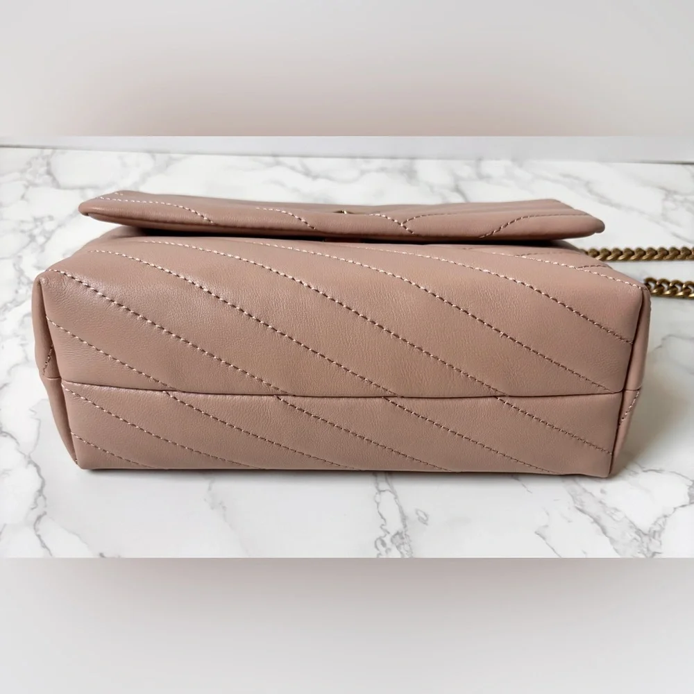 New Tory Burch Kira Chevron Small Leather Shoulder Bag Beige Neutral
